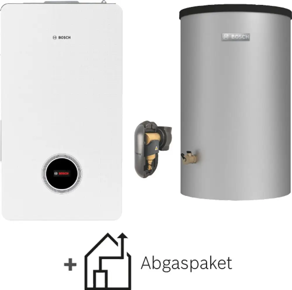 Bosch Gasheizgerät in Weiß mit rundem Bedienelement, daneben silberner Pufferspeicher und Abgasanschluss. Standardmontageelemente sind abgebildet.